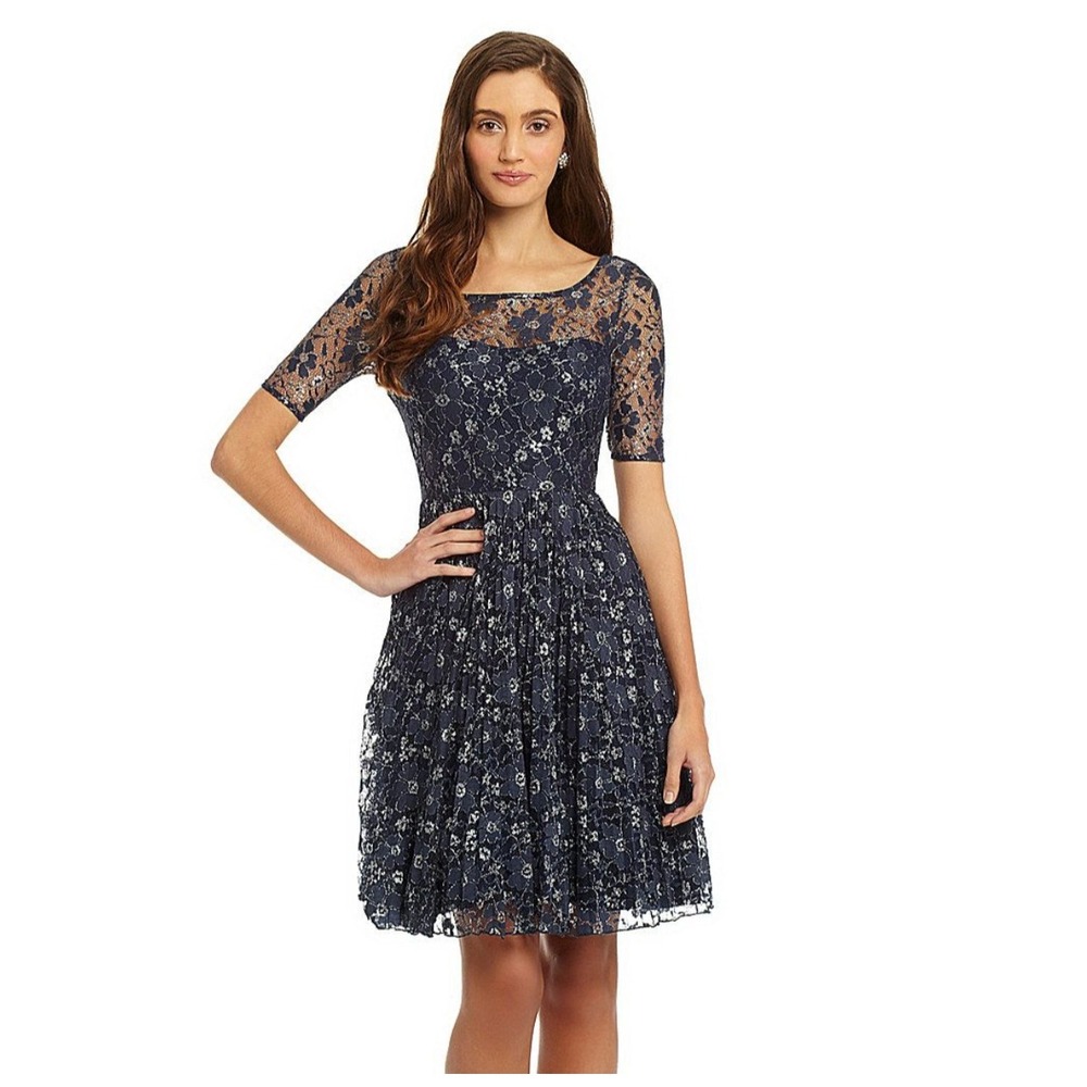 Betsey Johnson Navy Blue Lace Metallic Floral Fit & Flare Dress Size 8